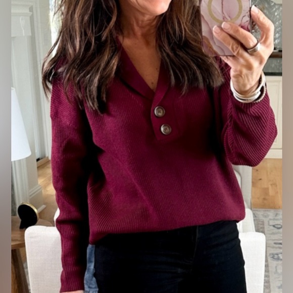 Sweater, notch collar, button trim, Oversize, Shaker knit, Wine XL - Picture 4 of 9